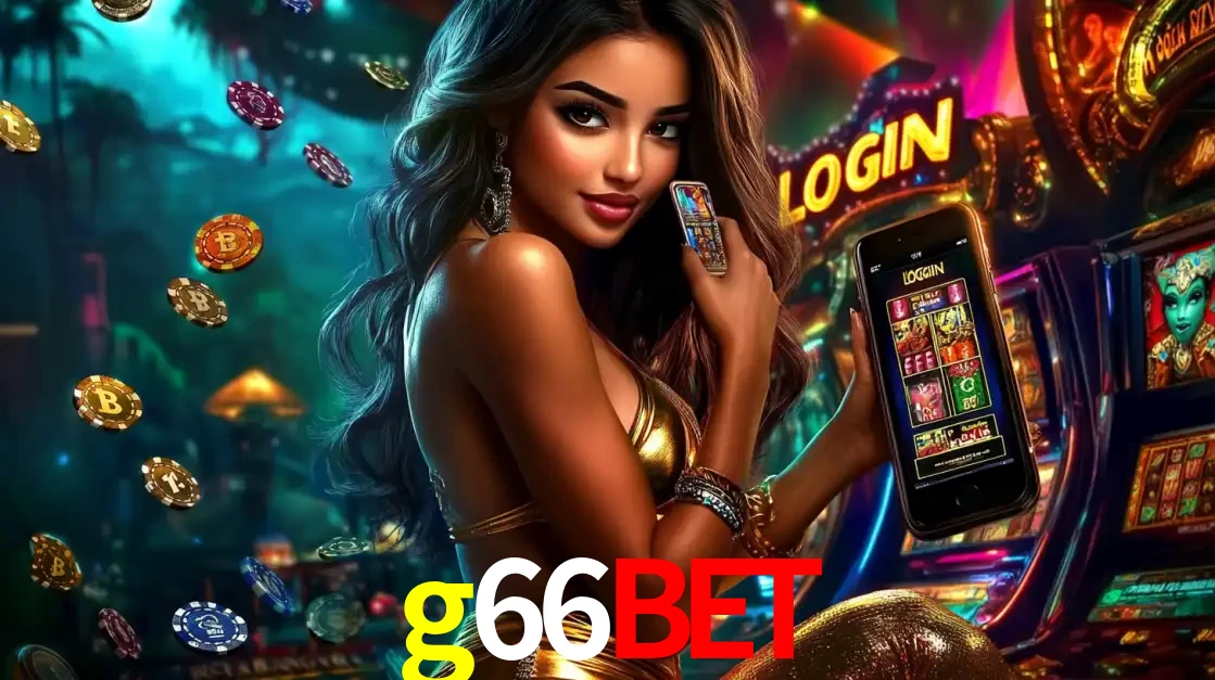 Mulher em um cenário de cassino temático de aventura, mostrando o app de caça-níqueis da g66bet no celular. Fichas de apostas flutuam ao redor.