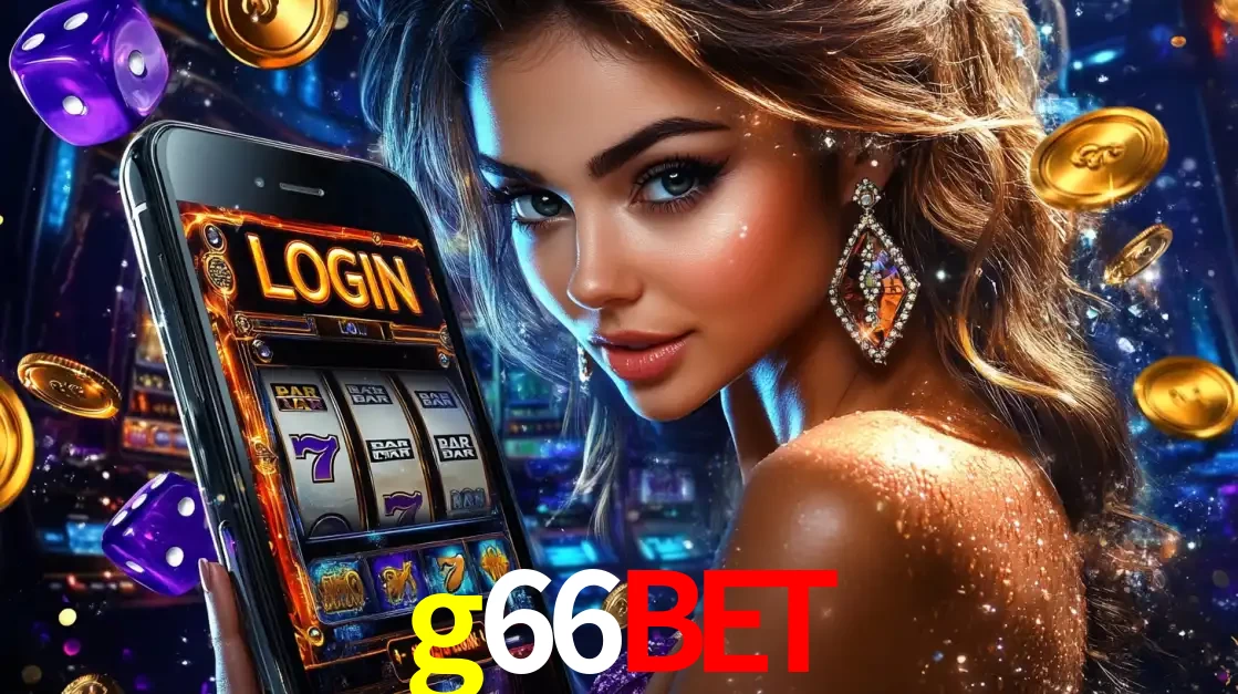 Mulher glamorosa segurando um smartphone com a tela de login para os jogos de caça-níqueis do cassino online g66bet, com moedas de ouro e dados ao redor.