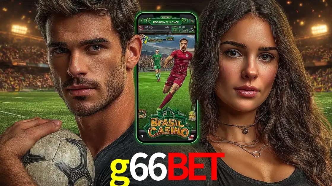 Homem segurando uma bola de futebol e uma mulher ao lado de um smartphone exibindo o jogo de apostas esportivas da g66bet. Faça seu palpite no cassino online.